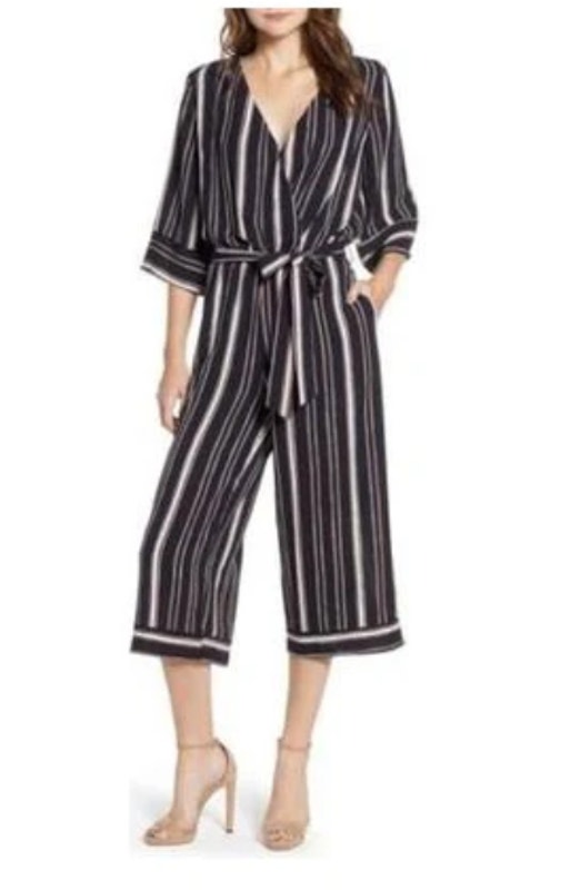 Bishop & Young Striped 3/4 Sleeve V Neck Tie Waist Jumpsuit // Xs